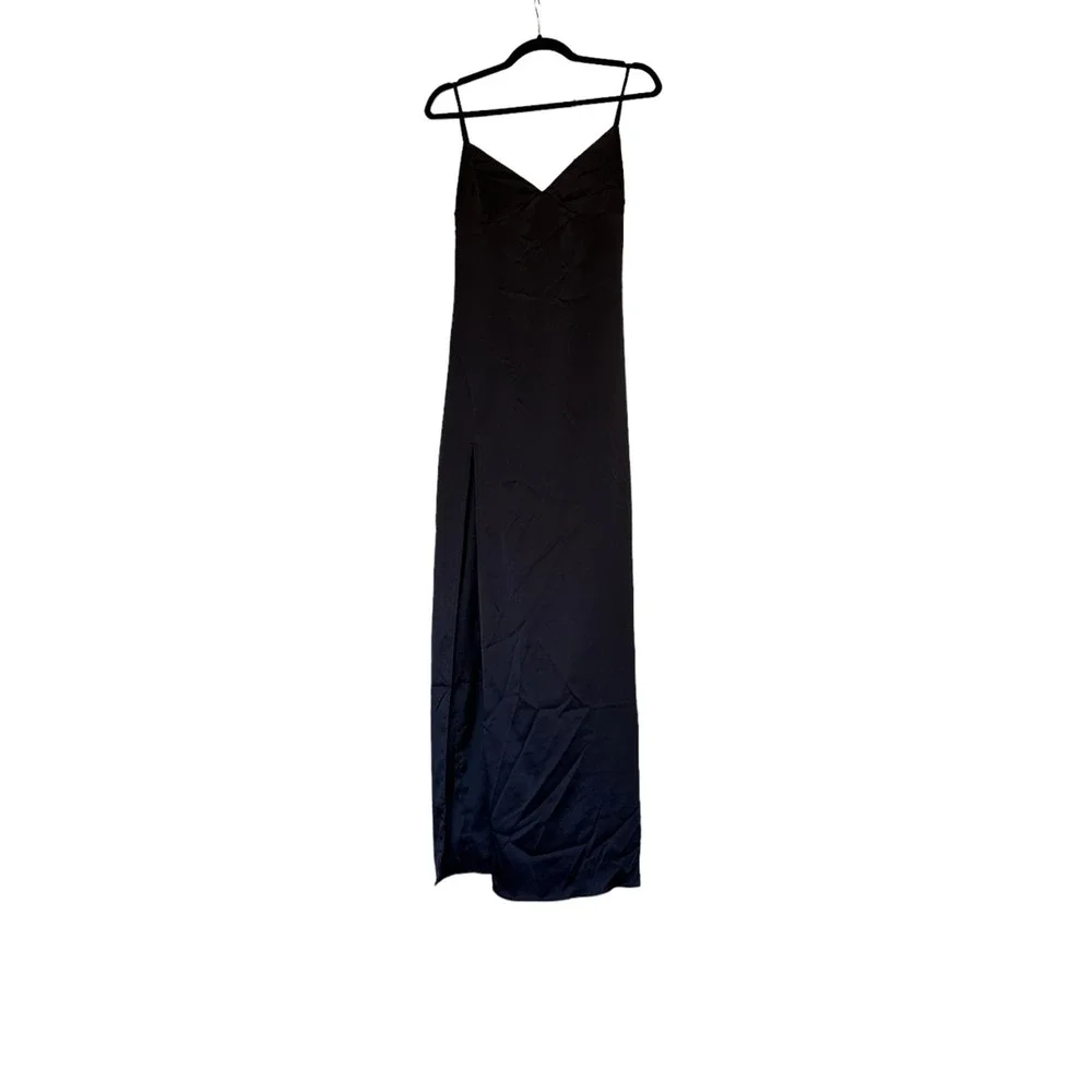 naked wardrobe black satin midi dress v-neck slit, women size small